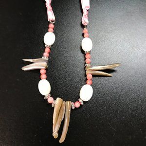 18" Pink Satin Ribbon w/Mother of pearl & peach ceramic beads Necklace